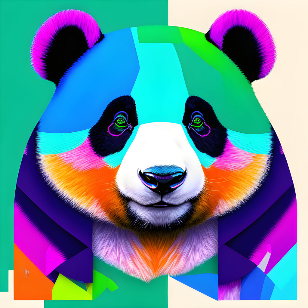 Colorful Digital Artwork: Panda with Neon Pink Ears & Geometric Patterns