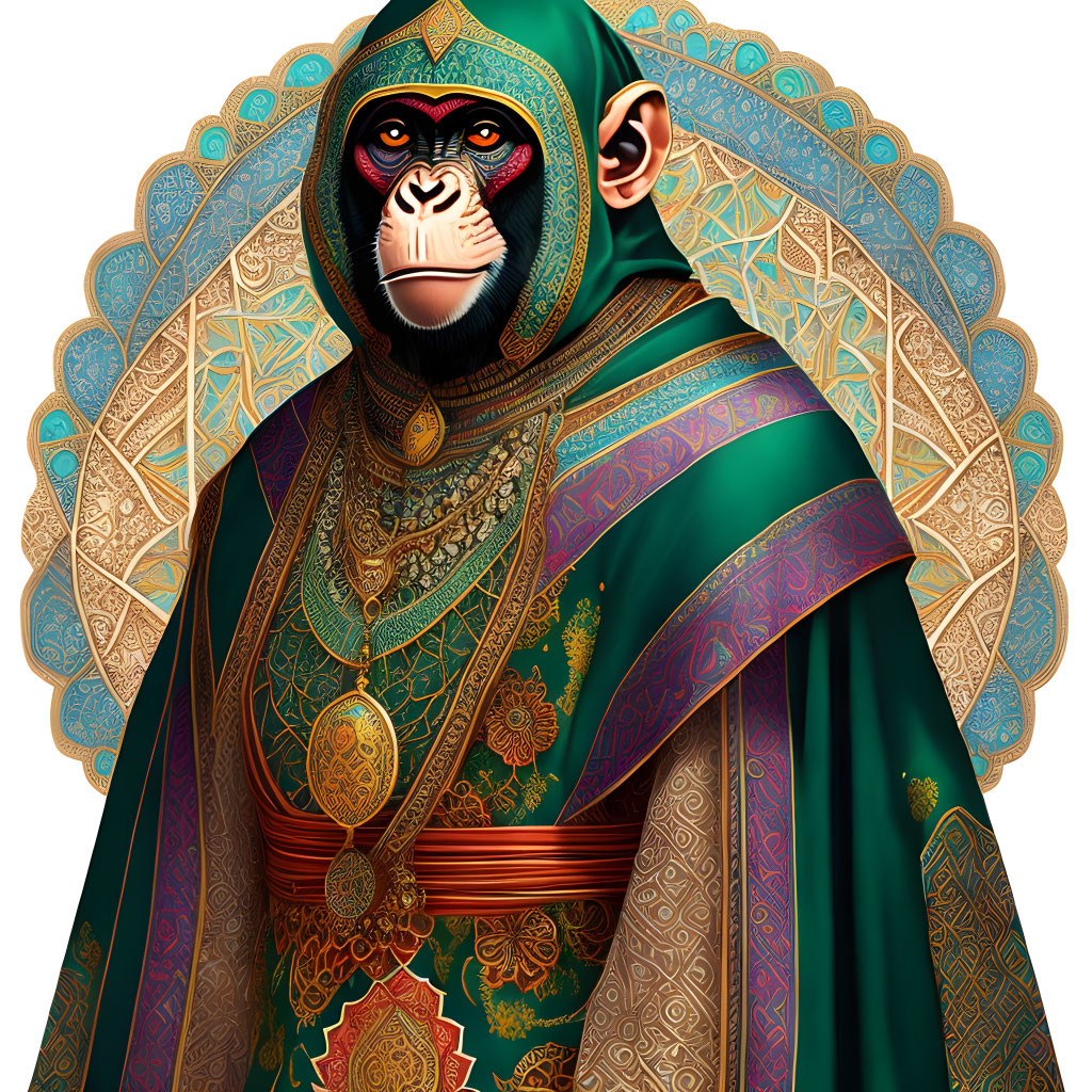 Regal Mandrill Illustration in Golden Jewelry and Ornate Background