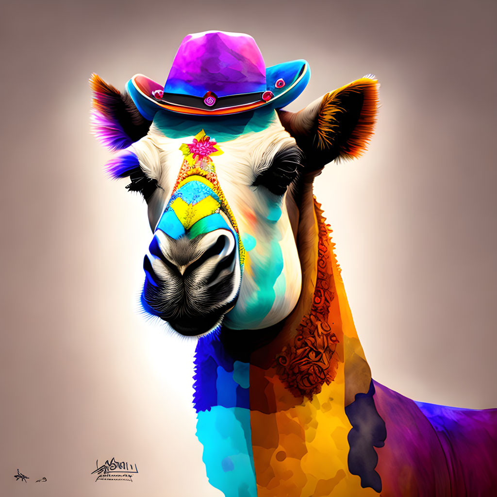 Vibrant llama digital art with sombrero and festive face pattern