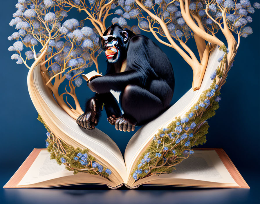 Digital Art: Open Book Pages Transforming into Tree with Chimpanzee