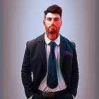 Stylized portrait of dapper gentleman in black suit and green tie