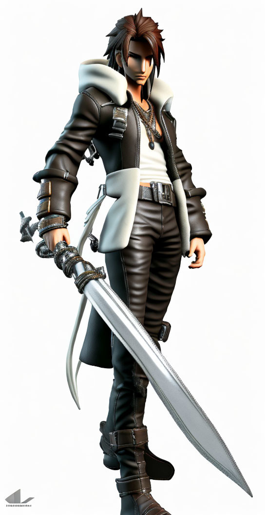 Anime-style male character with spiky brown hair in black and white attire wields oversized silver sword