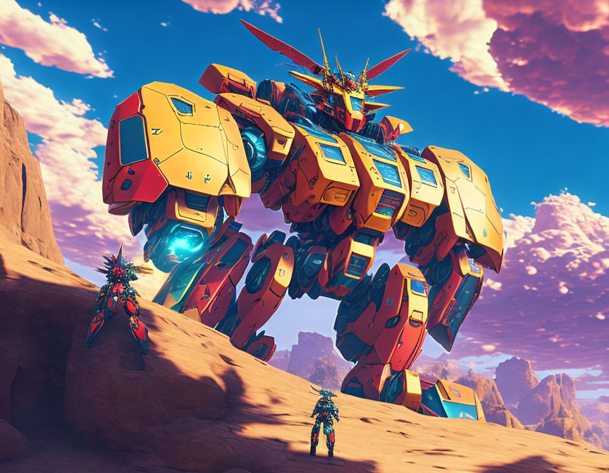 Colorful mecha robot in desert landscape with armored figures