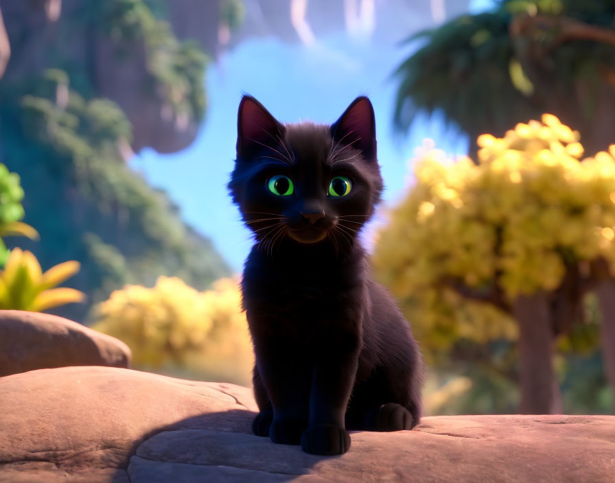 Black animated kitten with green eyes on rock in lush setting