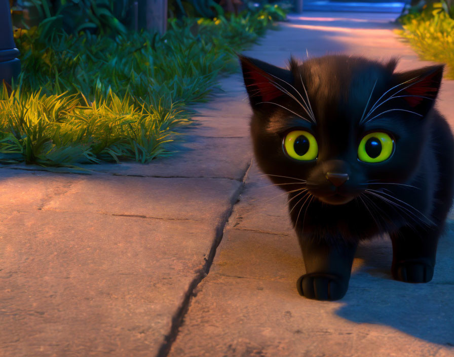 Black Animated Cat with Green Eyes on Path at Dusk