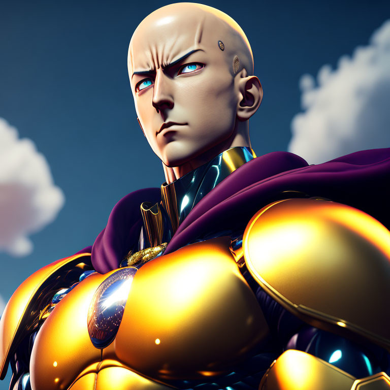 Serious Bald Animated Character in Yellow Suit and Purple Cape