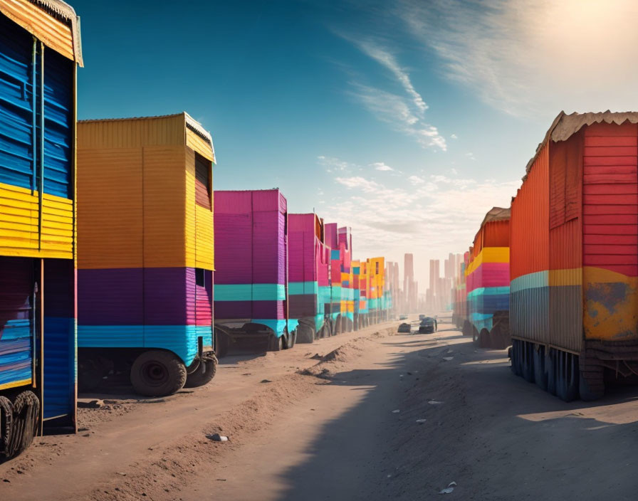 Colorful stacked shipping containers on dirt road with city skyline in background