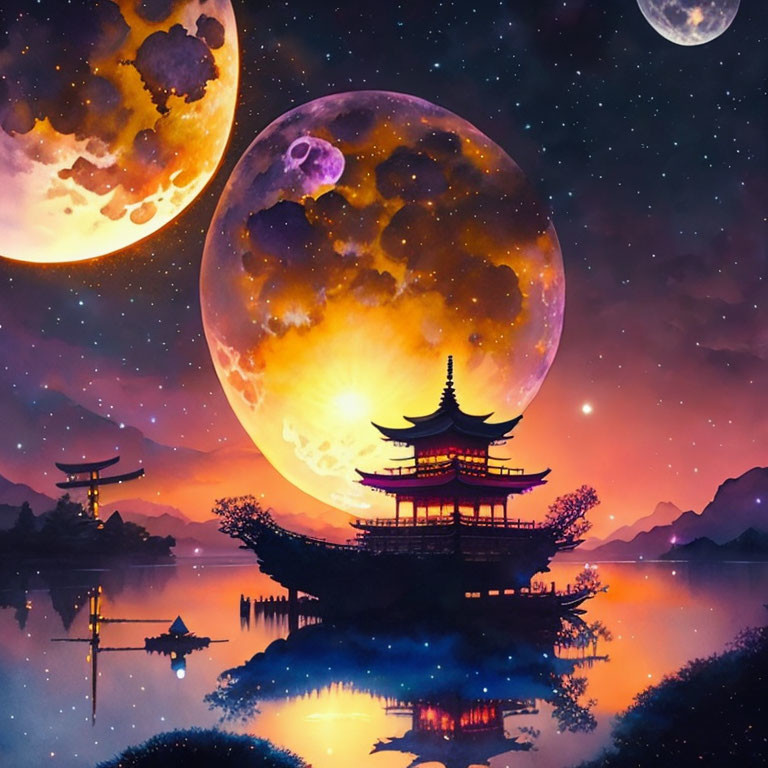 Digital art: Oriental pagoda at twilight with fantastical moons