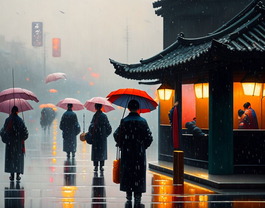 Rainy day scene: People with umbrellas near traditional Asian building.