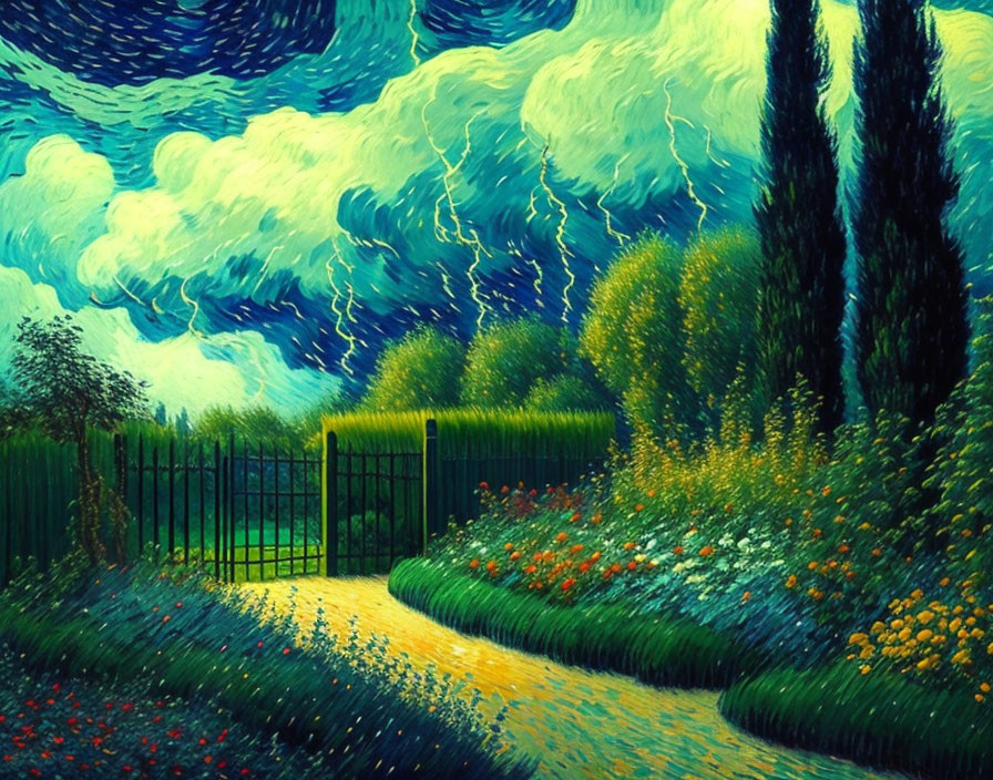 Impressionistic garden path painting with flowers, trees, and starry sky
