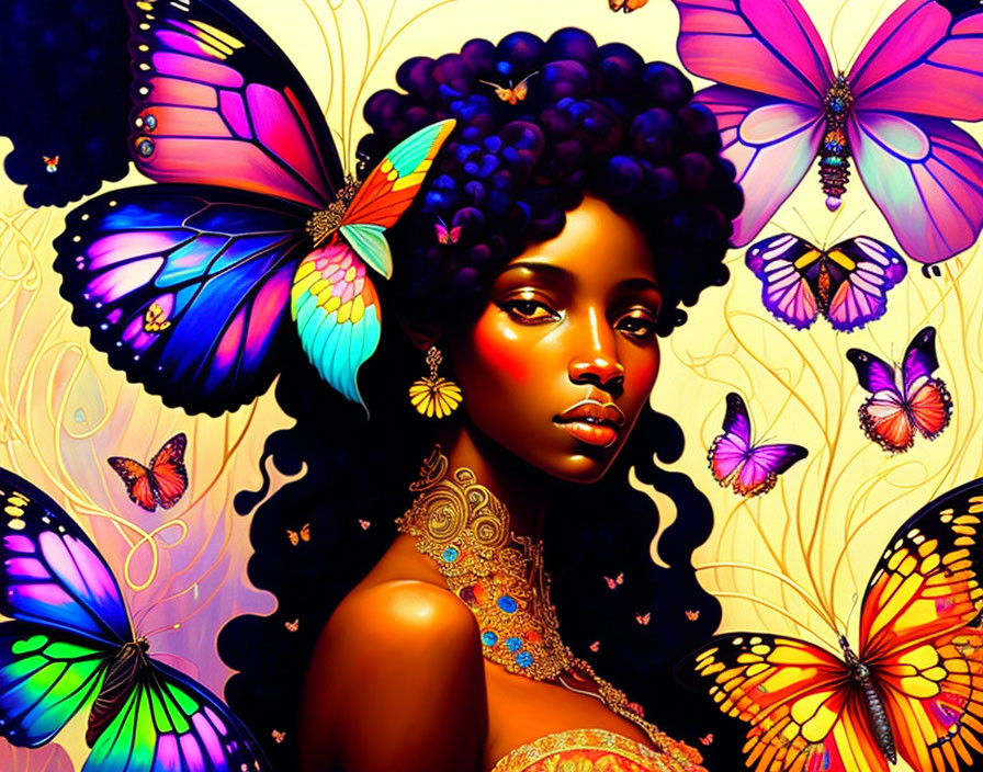 Colorful digital artwork of woman with butterflies in golds and purples