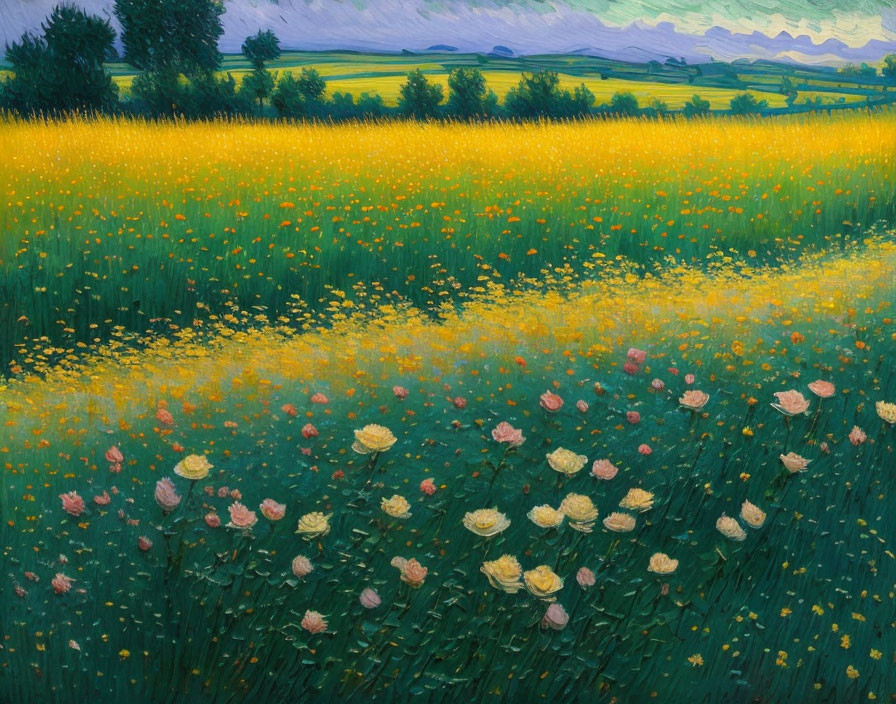 Colorful painting of blooming field with yellow and pink flowers, green hills, and streaked sky