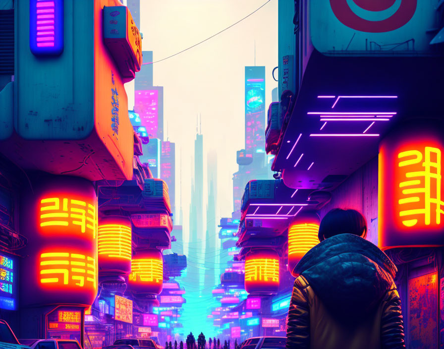 Person in jacket gazes at neon-lit cyberpunk cityscape