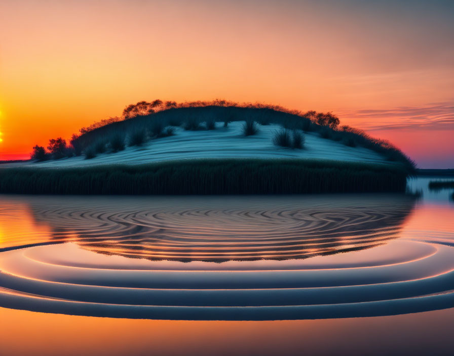 Tranquil Sunset Over Water with Orange Hues and Grass-Covered Dune