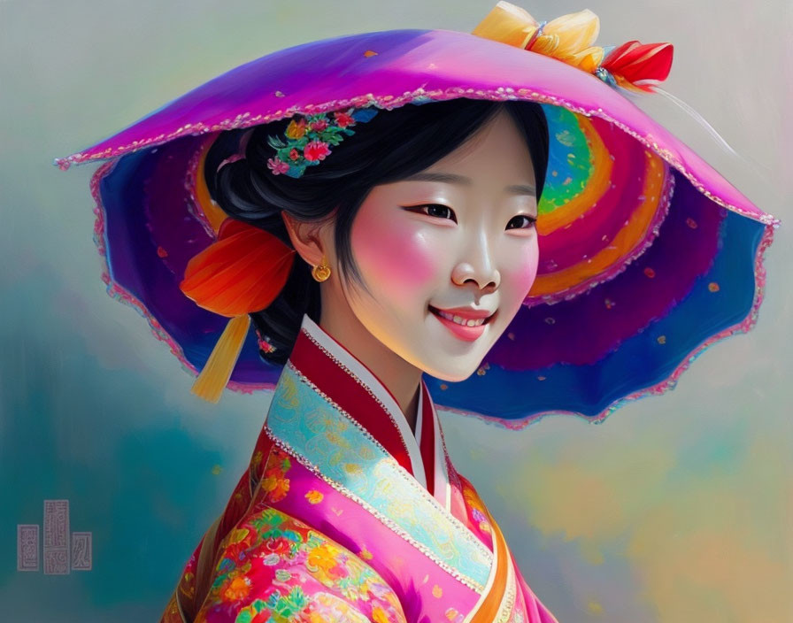 Vibrant Korean hanbok with floral patterns and pink jeonmo hat