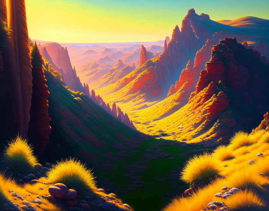 Fantastical desert canyon with towering rock formations and lush valley