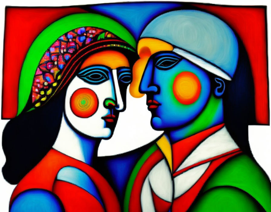 Colorful abstract painting of two profile faces with bold shapes and intricate patterns