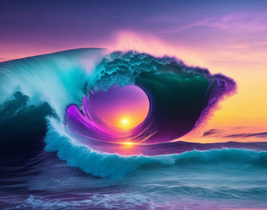 Colorful Ocean Wave Backlit by Sunrise or Sunset in Pink, Purple, and Teal