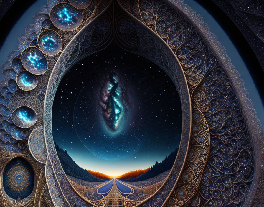 Surreal digital artwork of cosmic landscape with ornate frames & starry skies