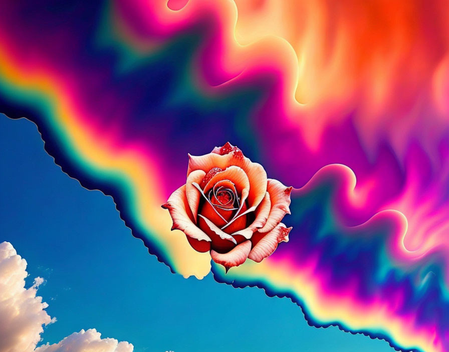 Surreal image of fiery rose against rainbow sky