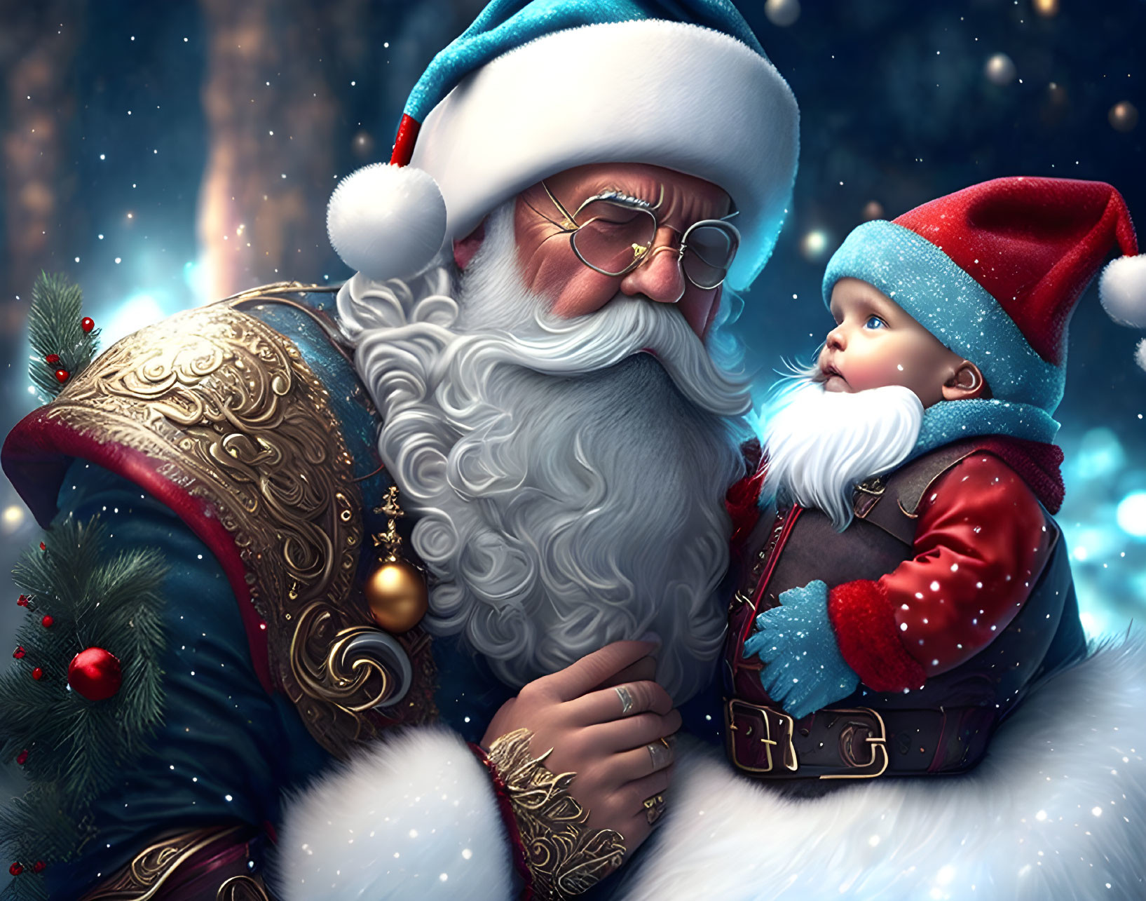 Santa Claus holding a baby in matching outfits against snowy backdrop