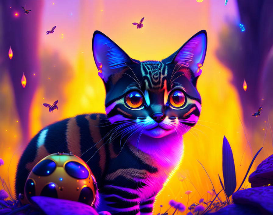 Colorful digital artwork: Wide-eyed cat in neon-lit forest with insects