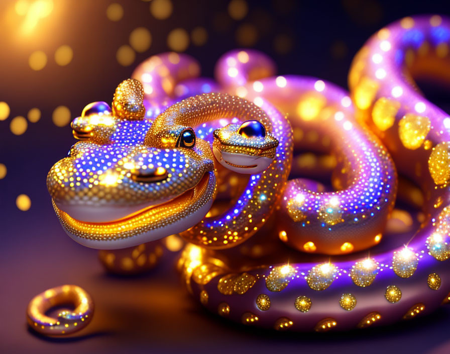 Shimmering golden and purple snake adorned with sparkling gems on bokeh background