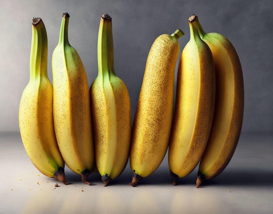 Assorted ripe bananas on grey surface