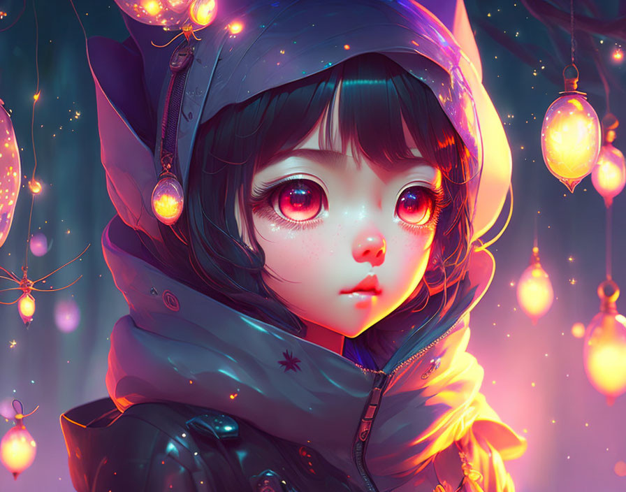 Child in Hooded Jacket Surrounded by Glowing Lanterns in Dreamy Pink and Blue Scene