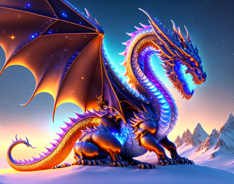 Blue and Gold Dragon in Twilight Mountainous Backdrop