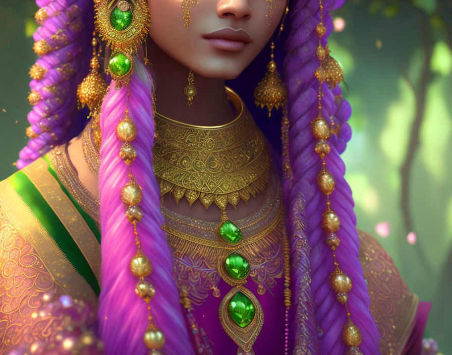 Intricate gold jewelry on woman in pink and green attire against natural backdrop