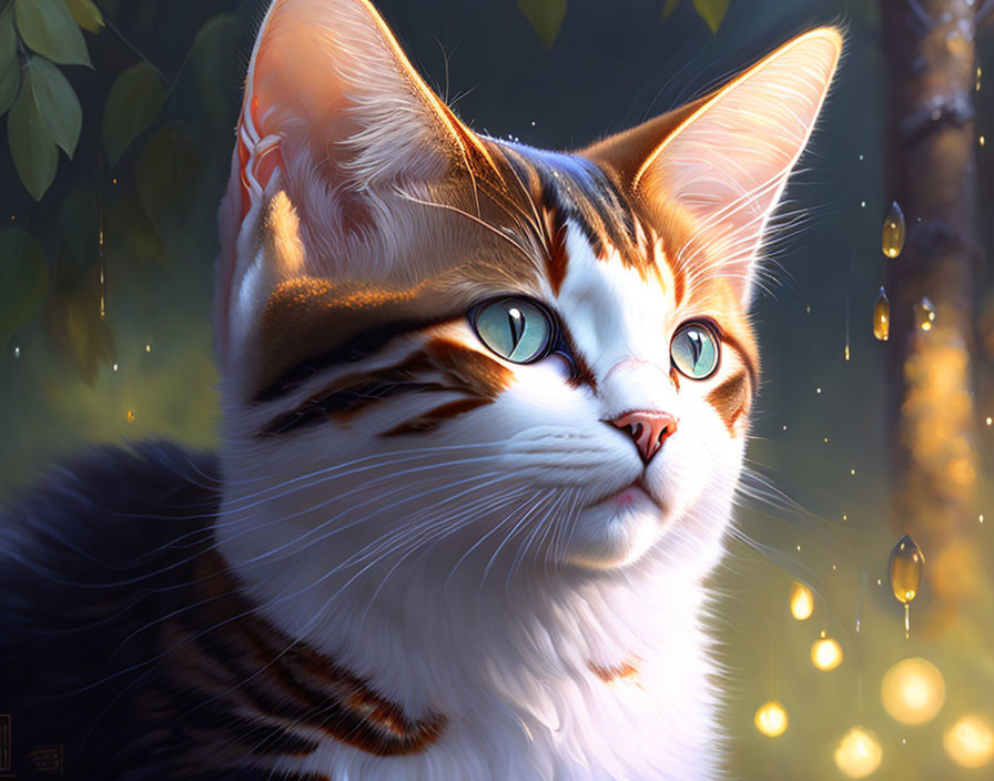 Illustration of orange and white cat with green eyes in nature scene