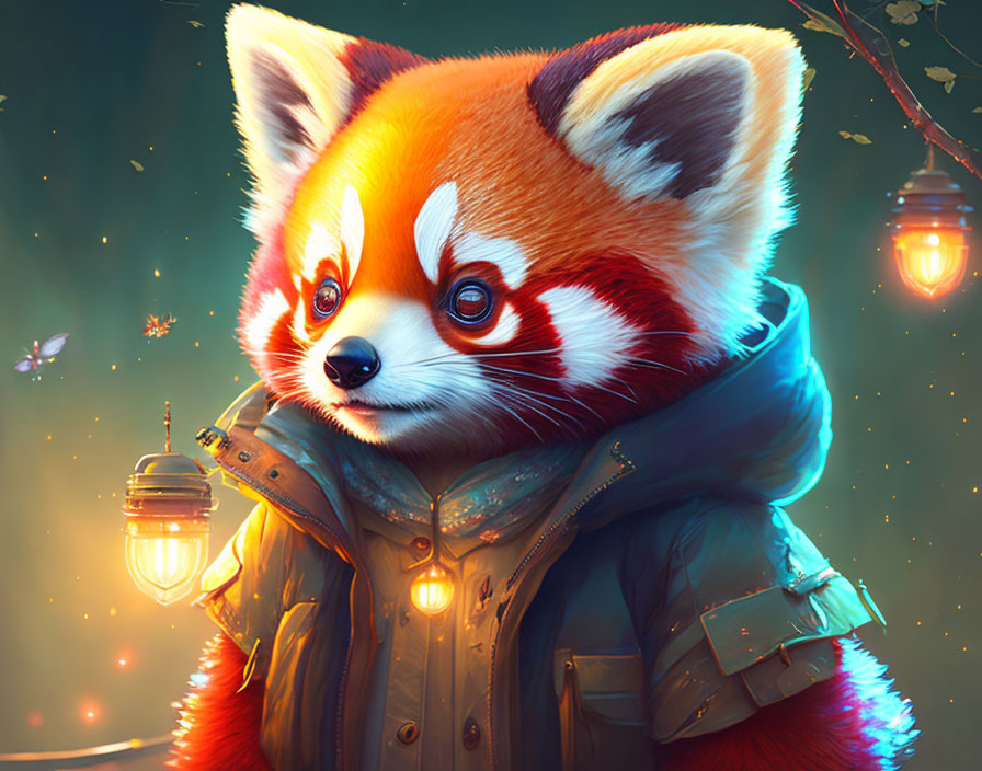 Red panda in jacket with lantern, surrounded by fireflies and glowing bulbs