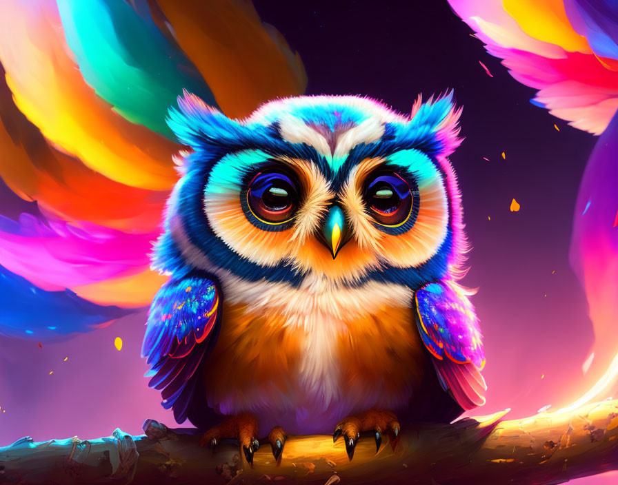 Colorful Owl Illustration on Branch Against Psychedelic Background