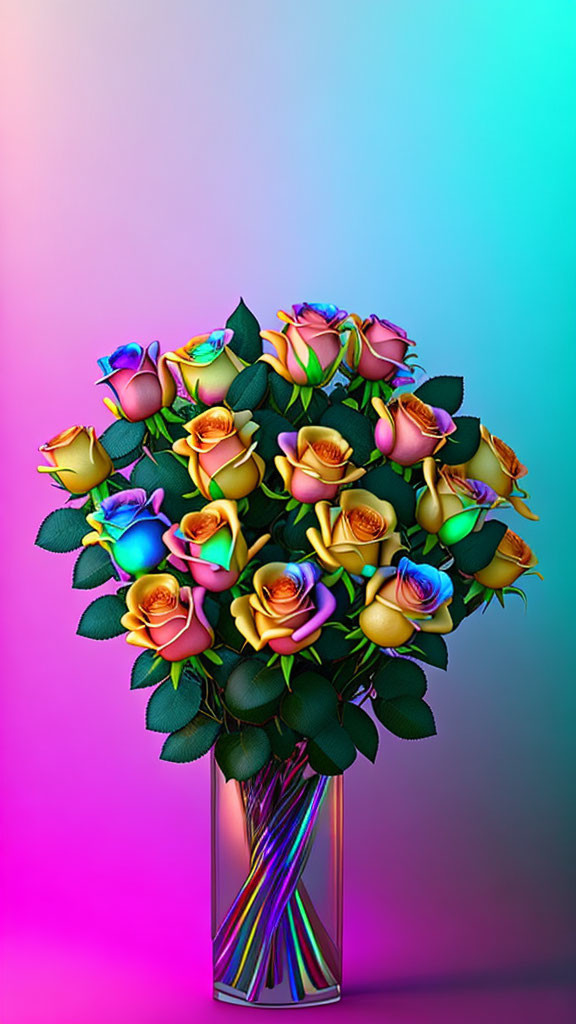 Multicolored Roses in Clear Vase on Pink and Blue Gradient Background