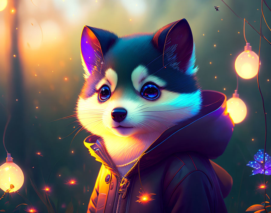 Anthropomorphic Shiba Inu in hoodie in magical forest with orbs & fireflies