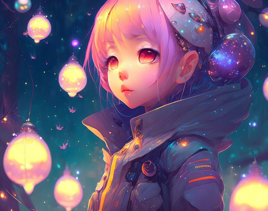 Anime-style girl with large red eyes in dreamy starlit setting