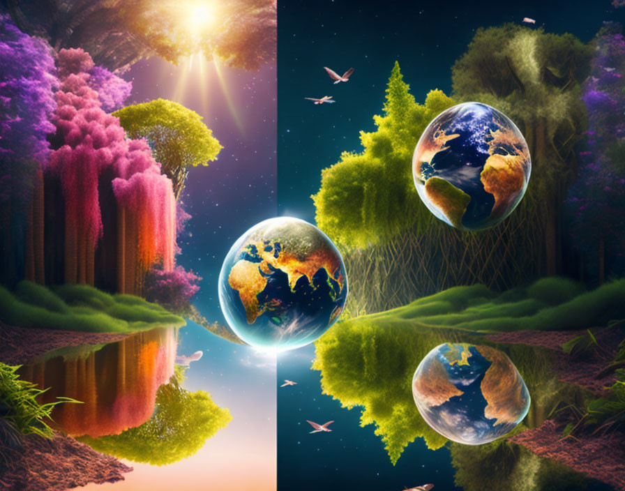 Colorful Earth globes float in fantastical scene with trees, sunbeam, and birds