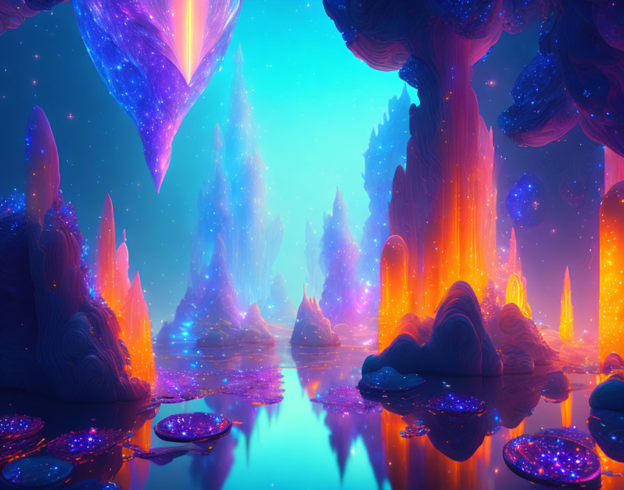 Colorful floating islands and luminescent trees in a surreal landscape