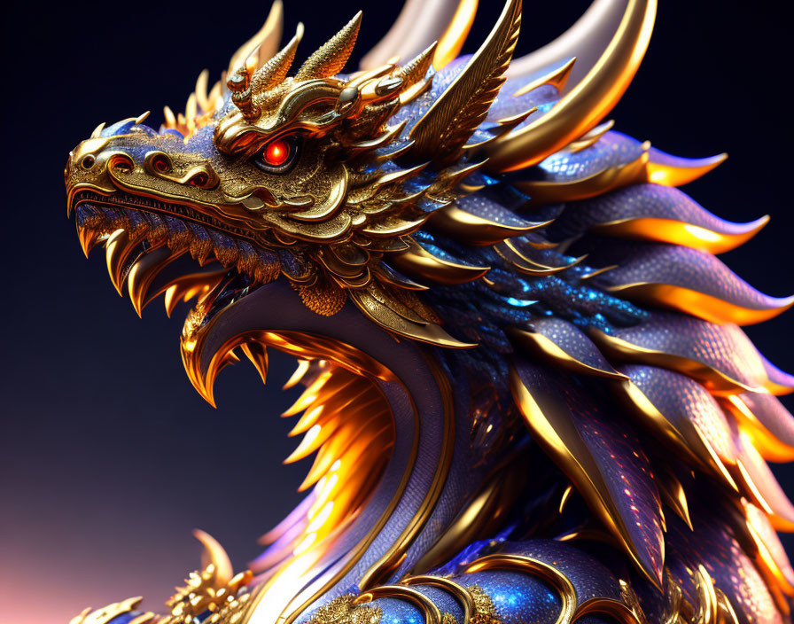 Detailed 3D Illustration: Majestic Dragon with Golden Horns and Scales