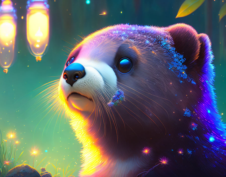 Vibrant otter illustration in magical forest with glowing fur and lanterns