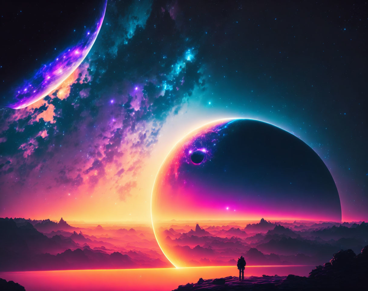 Person in Sci-Fi Landscape with Celestial Bodies and Colorful Sky