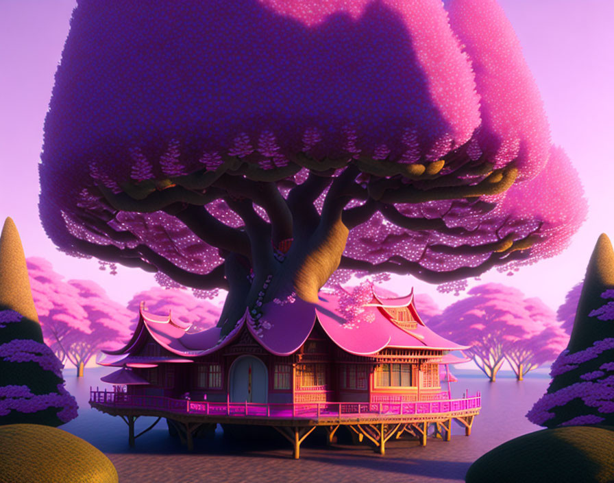 Whimsical pink Asian-style house under giant purple tree