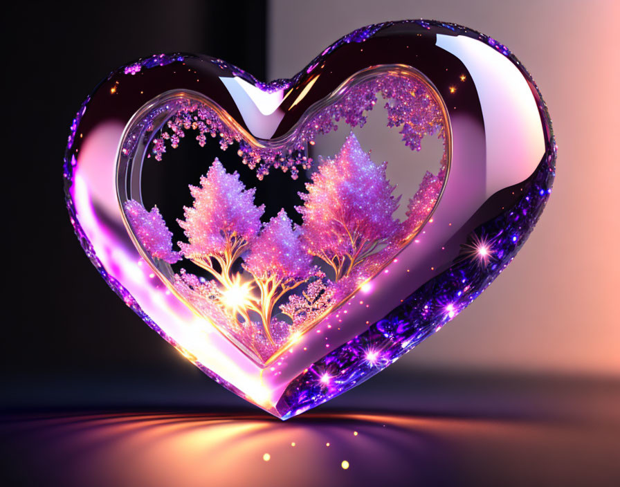 Heart-shaped frame digital art with purple and pink luminescent landscape.