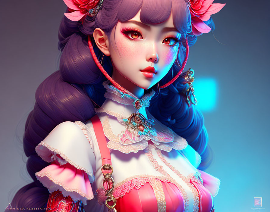 Stylized digital artwork of female character with pink eyes and ornate hair accessories