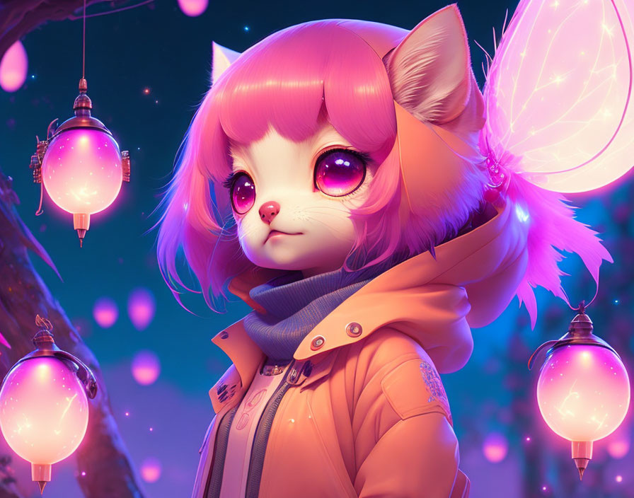 Anthropomorphic fox character with pink hair and glowing lanterns in twilight sky