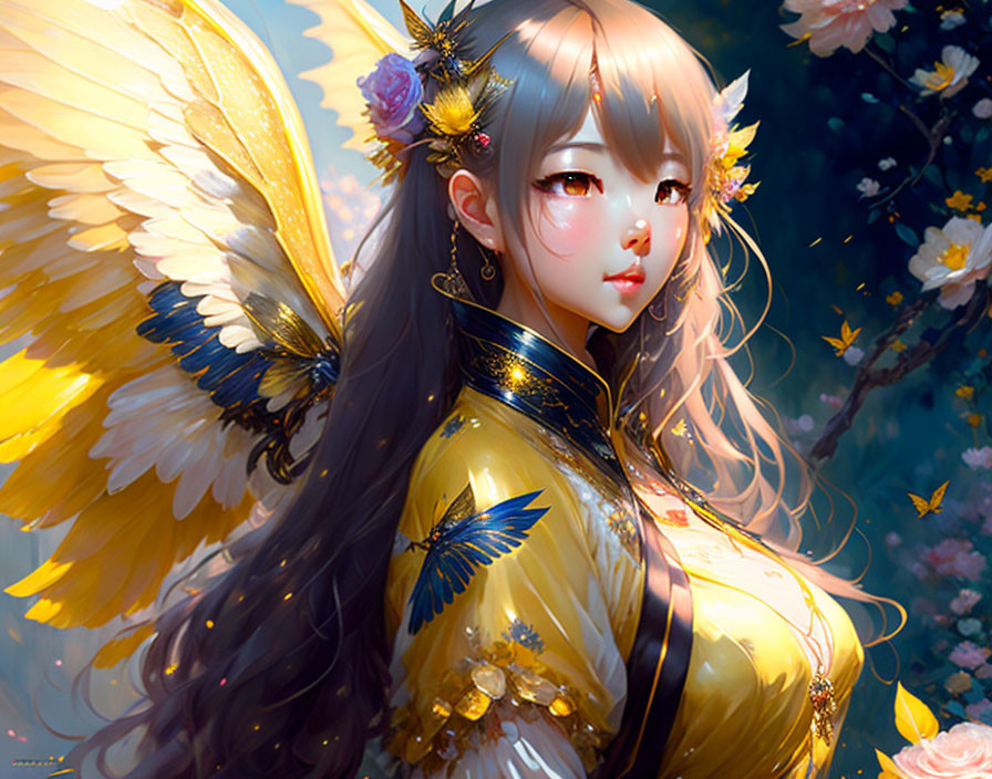 Illustration of Female Character with Butterfly Wings and Flower Crown in Yellow Attire surrounded by Petals