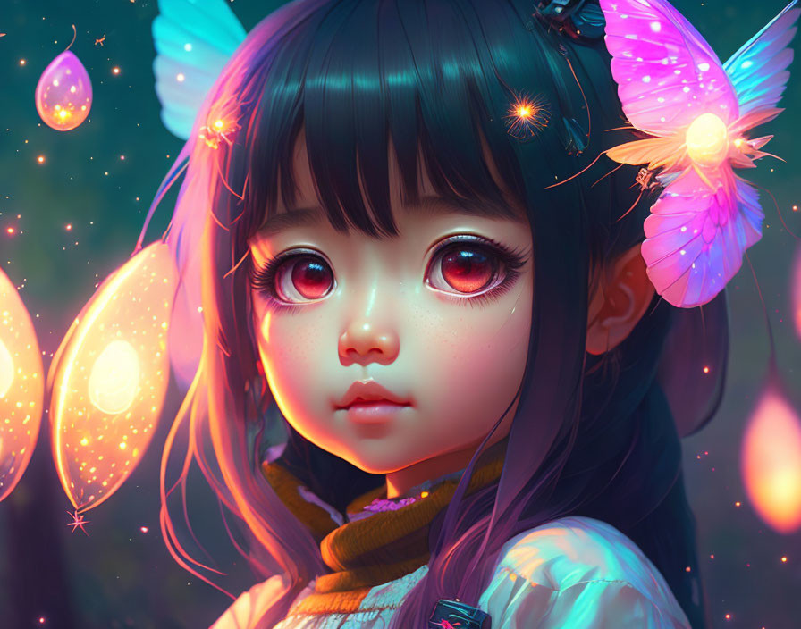 Digital artwork: Girl with large sparkling eyes, surrounded by glowing butterflies and orbs in neon-lit setting