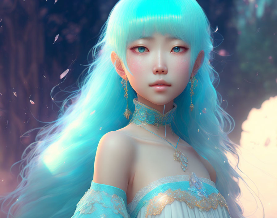 Ethereal girl with blue hair in dreamy digital art