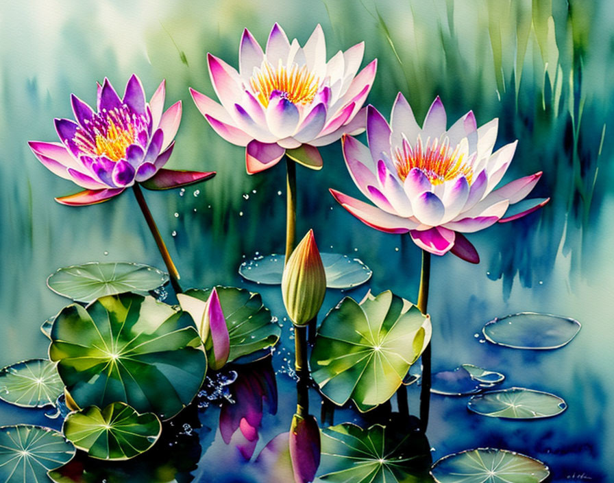 Colorful Water Lilies on Blue Water with Lily Pads